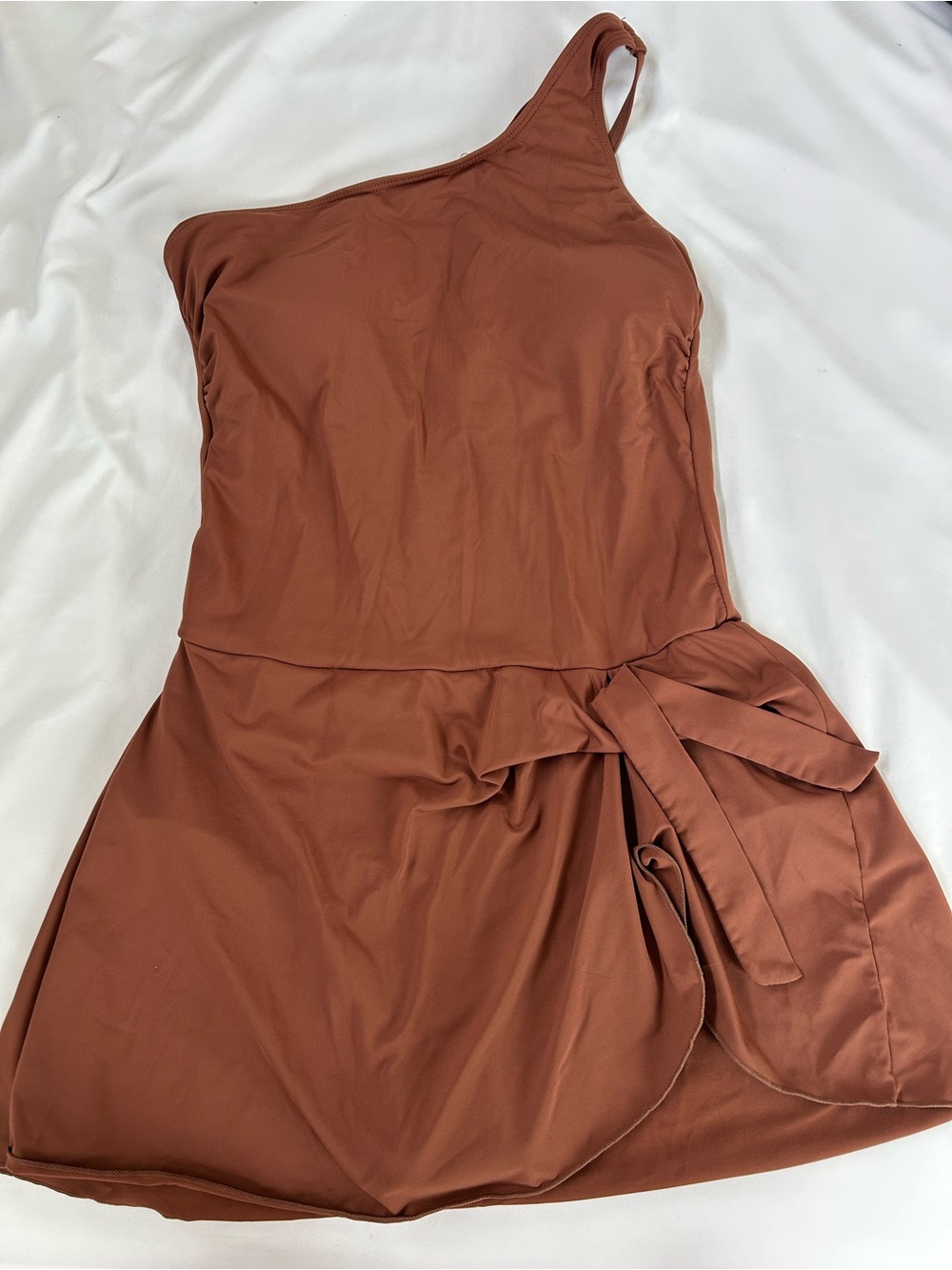 One-Shoulder Rust Brown Swim Dress with Waist Tie